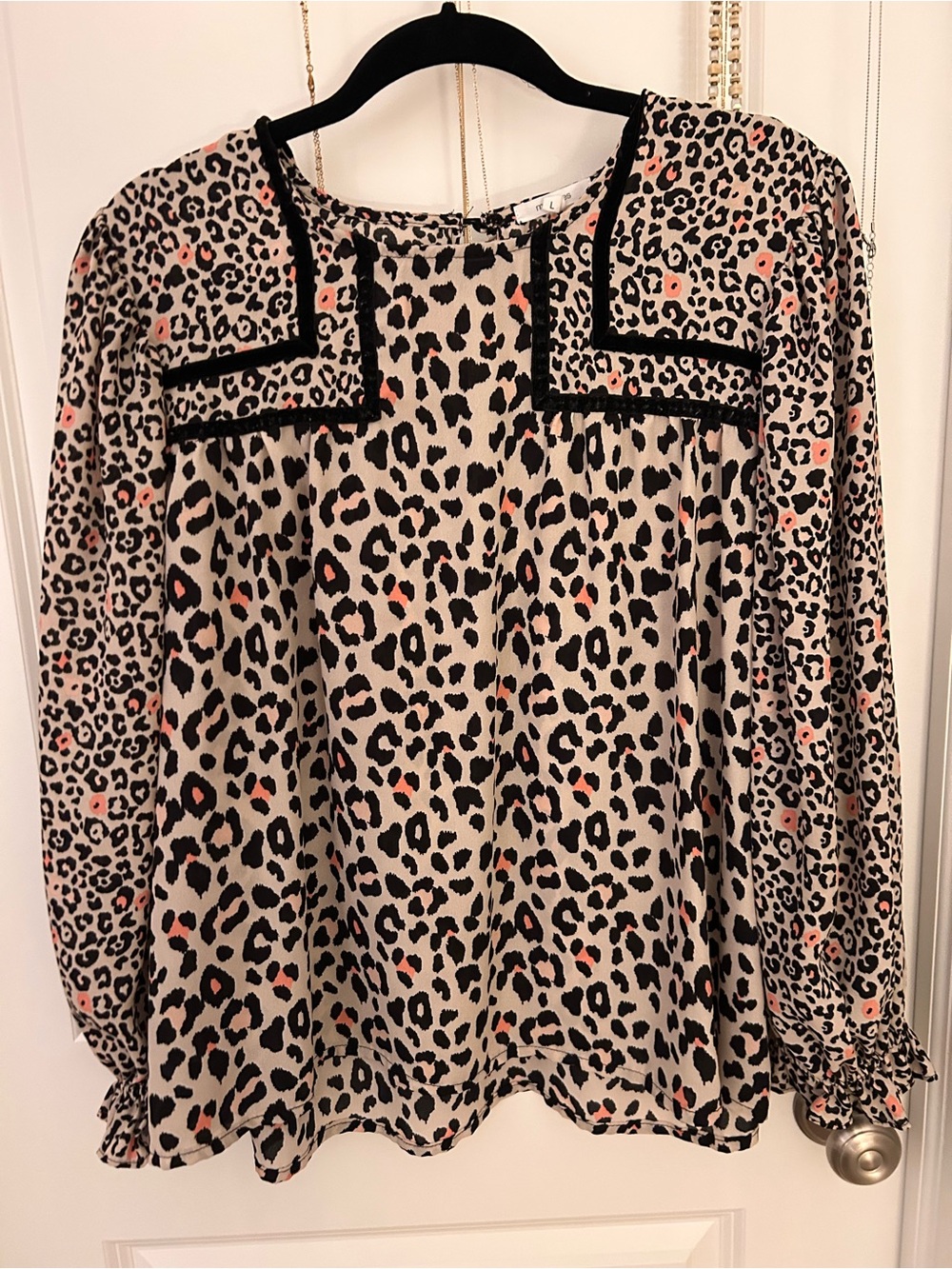 Leopard Print Long-Sleeve Blouse in Beige and Black